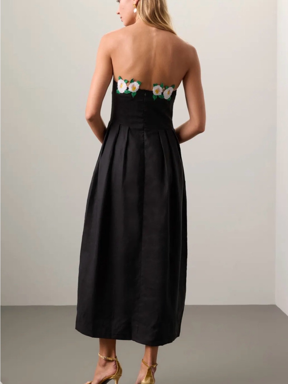 Fanm Mon Strapless Black Midi Dress with Floral Trim Lorr Dress - Picture 2 of 9